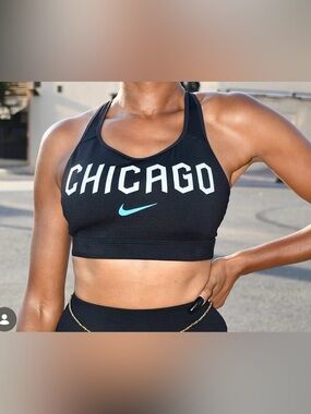 Nike Black Sports Bra with White Chicago Lettering and Teal Swoosh